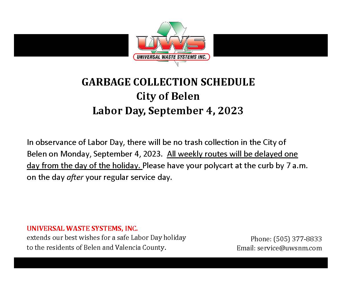 Labor Day Garbage Collection Schedule City of Belen