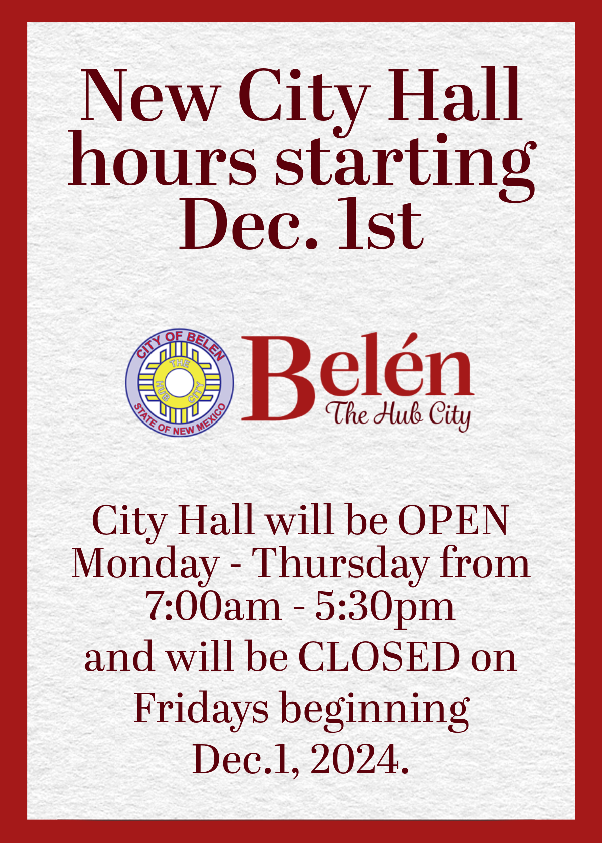 Featured image for “New City Hall Hours Starting Dec. 1st”